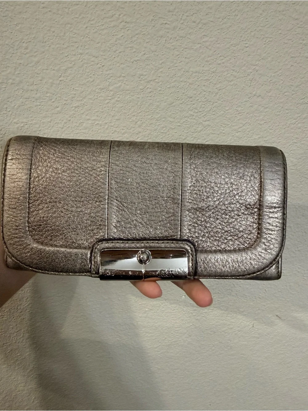 Coach Metallic Pewter Leather Wallet Clutch
